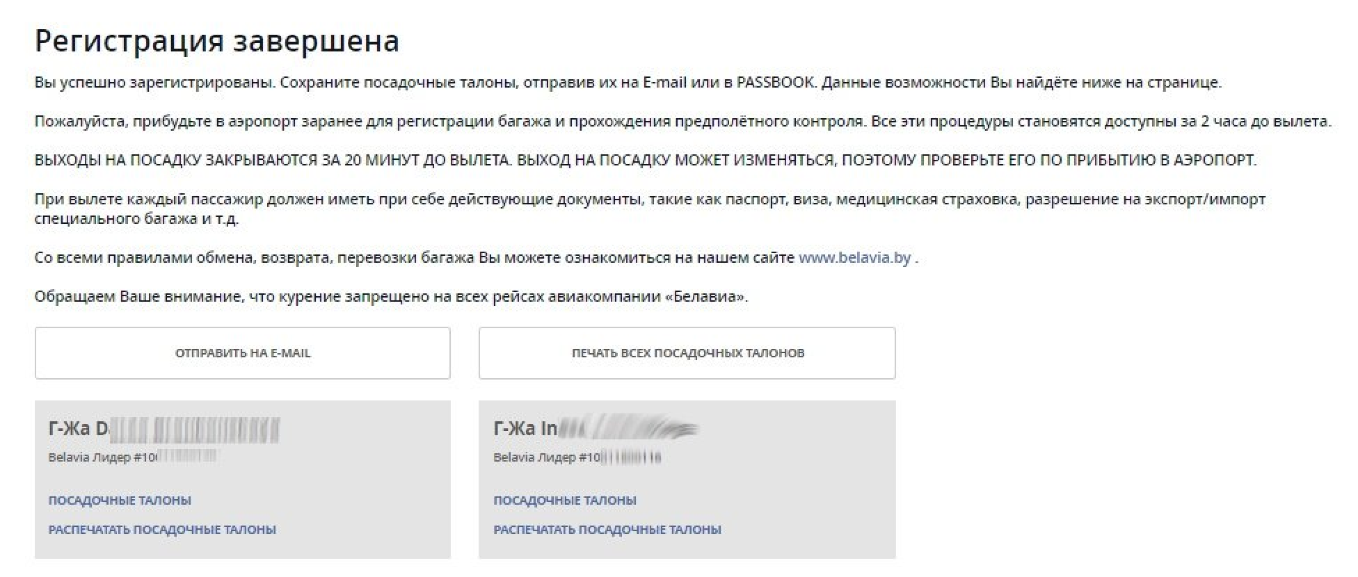 Экран завершённой регистрации и посадочные талоны